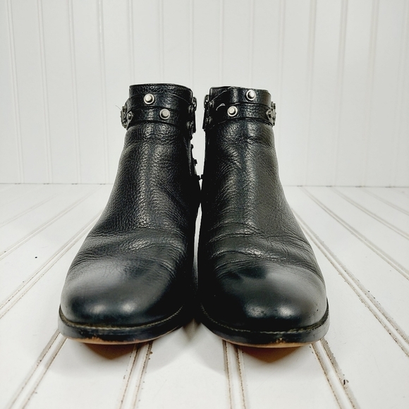 Halogen Black Leather Buckle Studded Strap Slip On Ankle Boots I601 - Picture 3 of 11